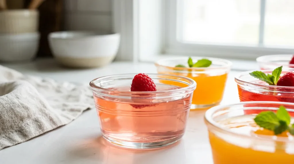 Individual glass ramekins filled with clear, perfectly set bariatric-friendly fruit gelatin, garnished with a fresh raspberry.