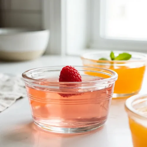 Individual glass ramekins filled with clear, perfectly set bariatric-friendly fruit gelatin, garnished with a fresh raspberry.