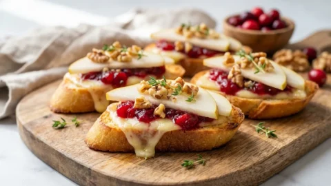 Close-up of freshly made Cranberry Brie Pear Crostini on a wooden board, garnished with thyme, ready to serve.