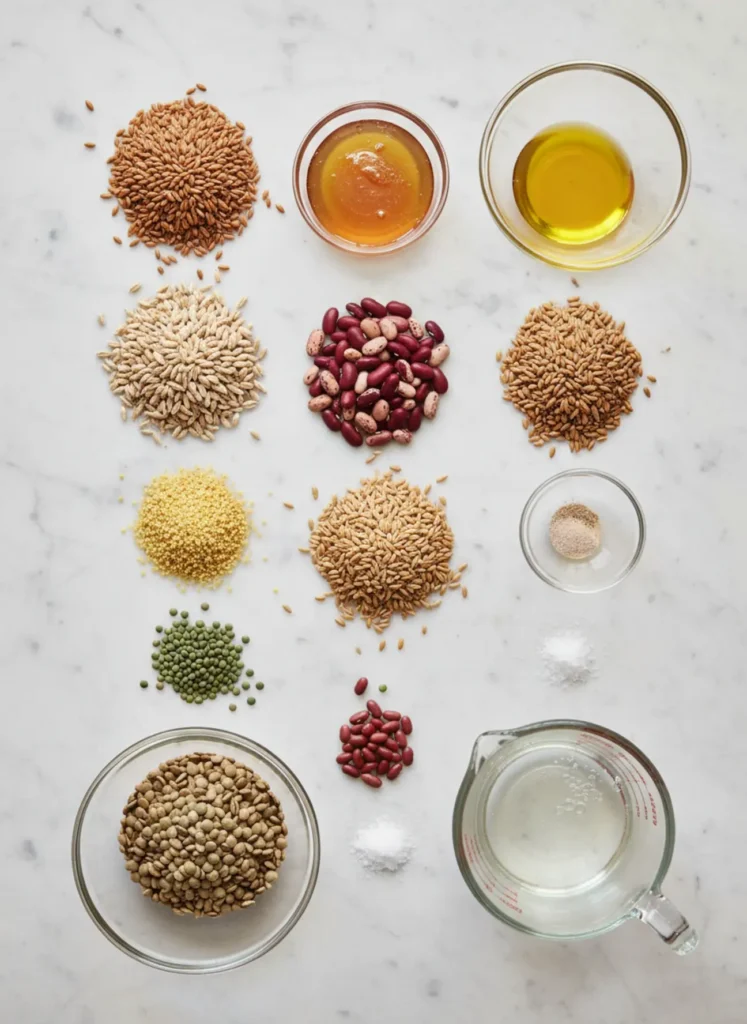 Flat-lay arrangement of all dry and wet ingredients for Ezekiel bread: various whole grains, legumes, honey, olive oil, yeast, salt, and water.