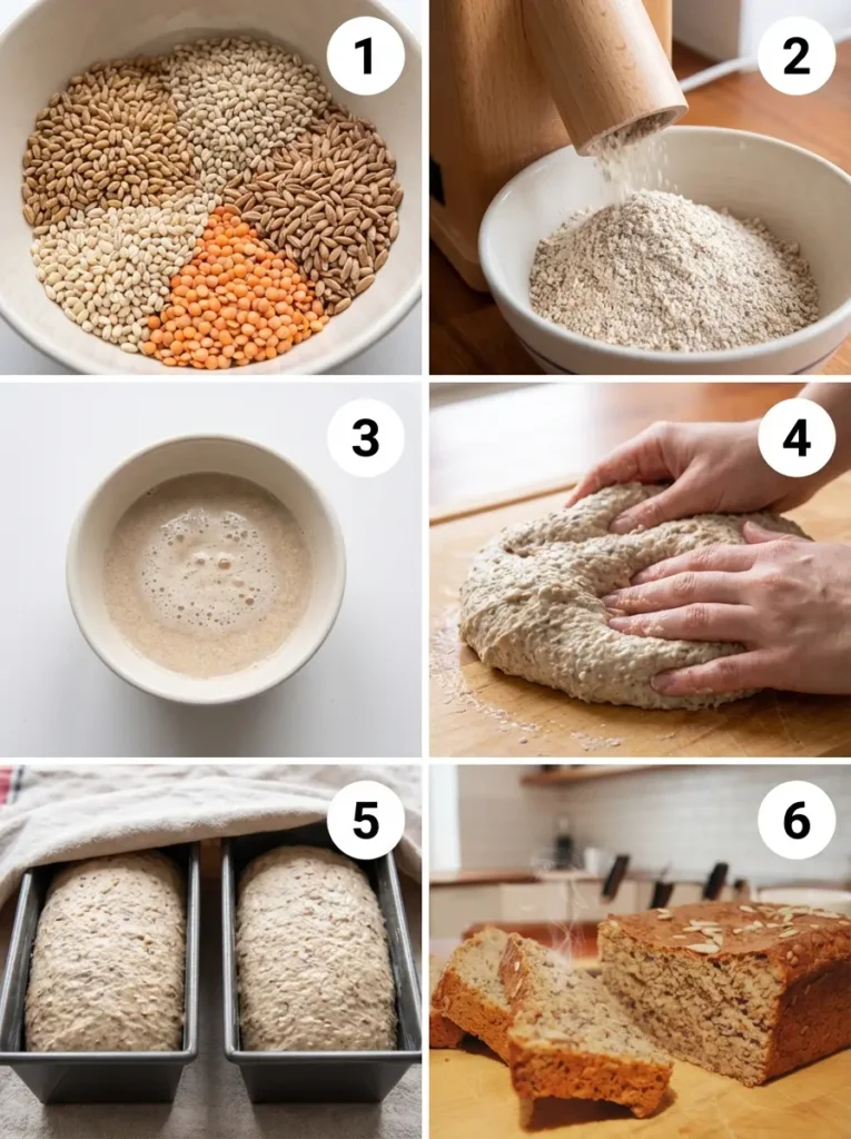 A six-panel collage showing the key steps of making Ezekiel bread: combining grains, grinding flour, yeast activation, kneading dough, proofing, and cooling the baked bread, each numbered sequentially.