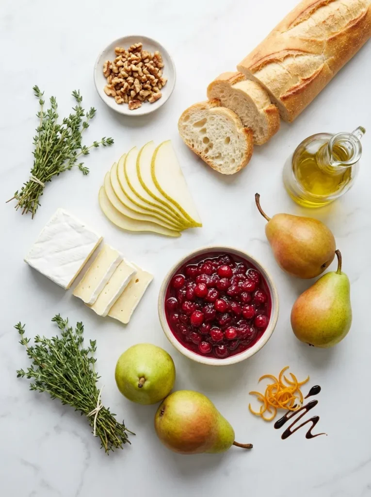 Flat lay of all ingredients for Cranberry Brie Pear Crostini, including baguette, Brie, pears, cranberry sauce, walnuts, and thyme.