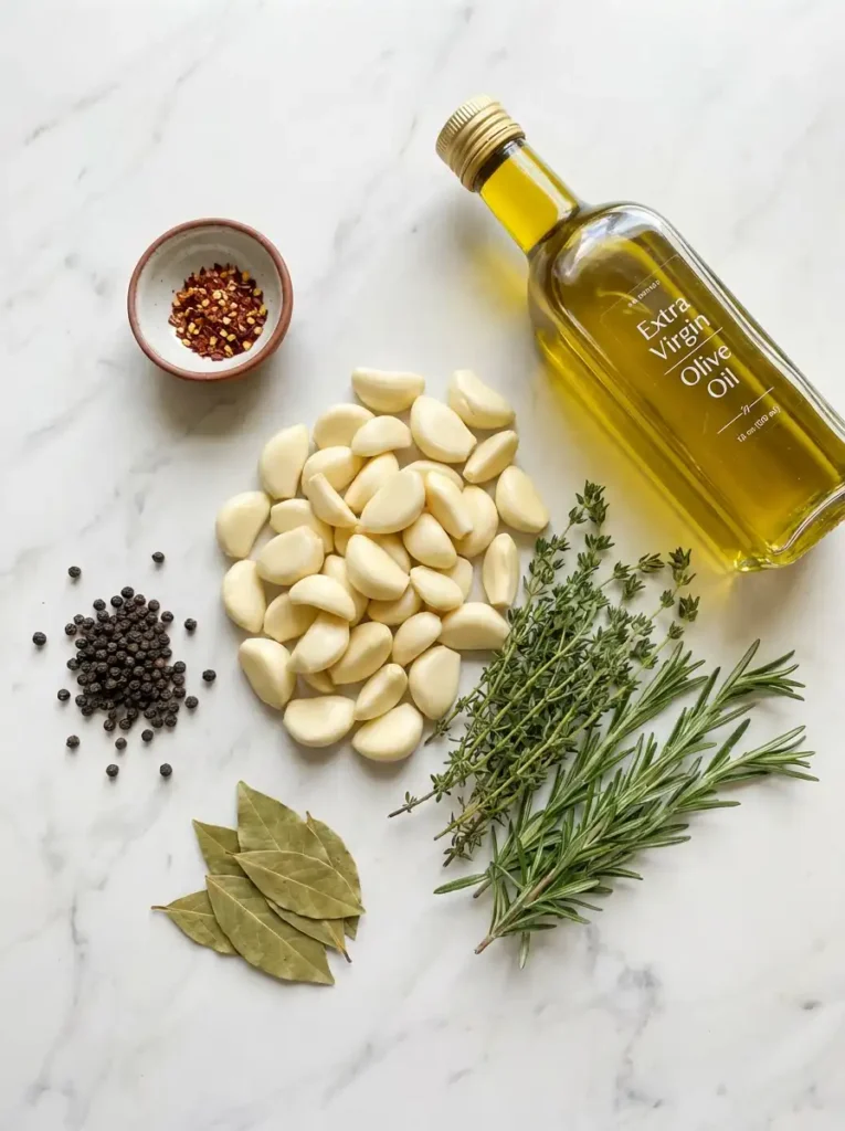 Flat lay of garlic confit ingredients: peeled garlic, extra virgin olive oil, fresh thyme, rosemary, bay leaves, peppercorns, and chili flakes.
