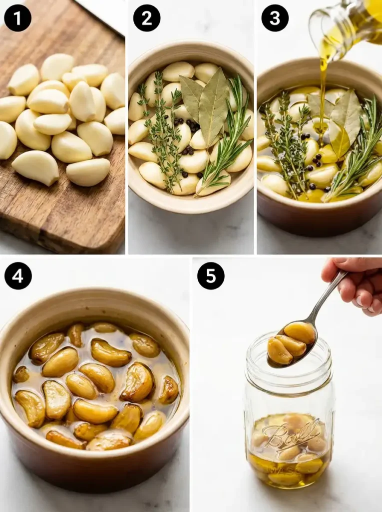 A step-by-step process collage showing how to make garlic confit: peeling garlic, adding aromatics, pouring olive oil, baking until golden, and jarring for storage.