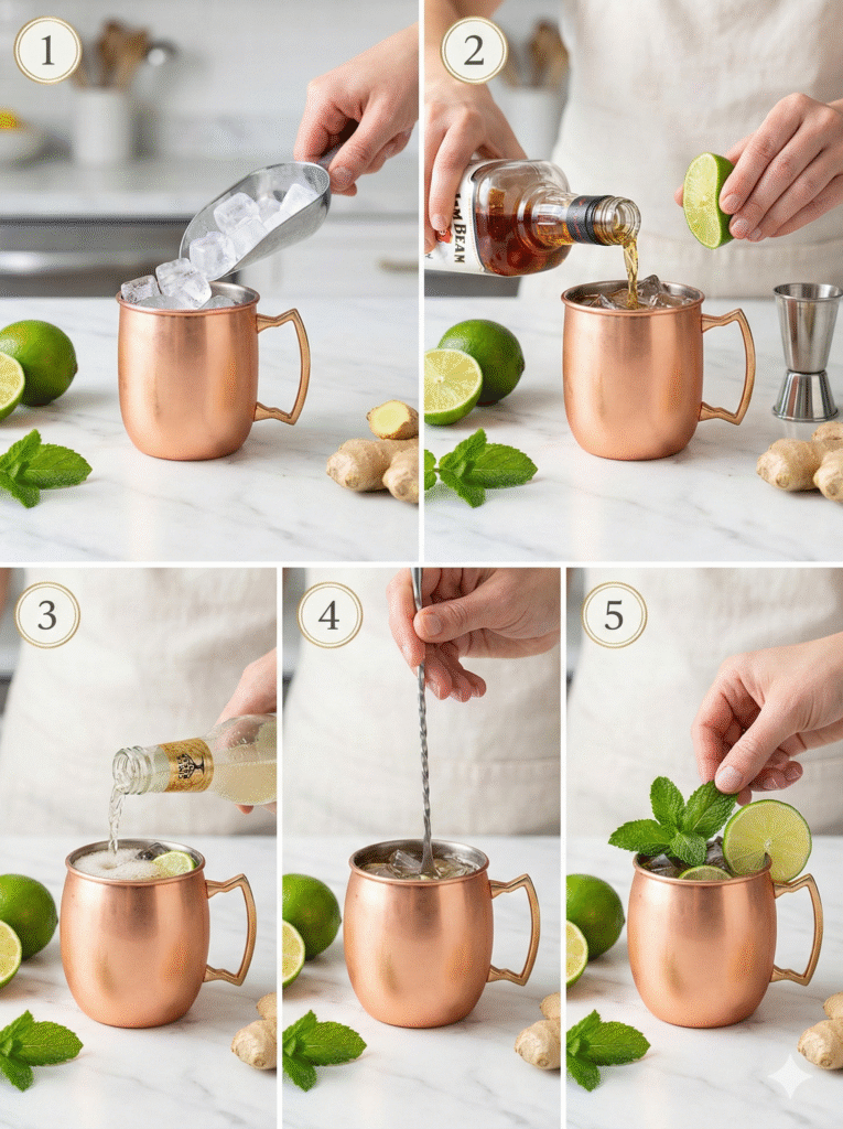 A five-panel collage showing the sequential steps to make a Kentucky Mule: adding ice, pouring bourbon and lime, topping with ginger beer, stirring, and garnishing