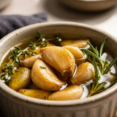 Close-up of golden brown garlic confit in a ceramic ramekin, glistening in olive oil with fresh herbs.