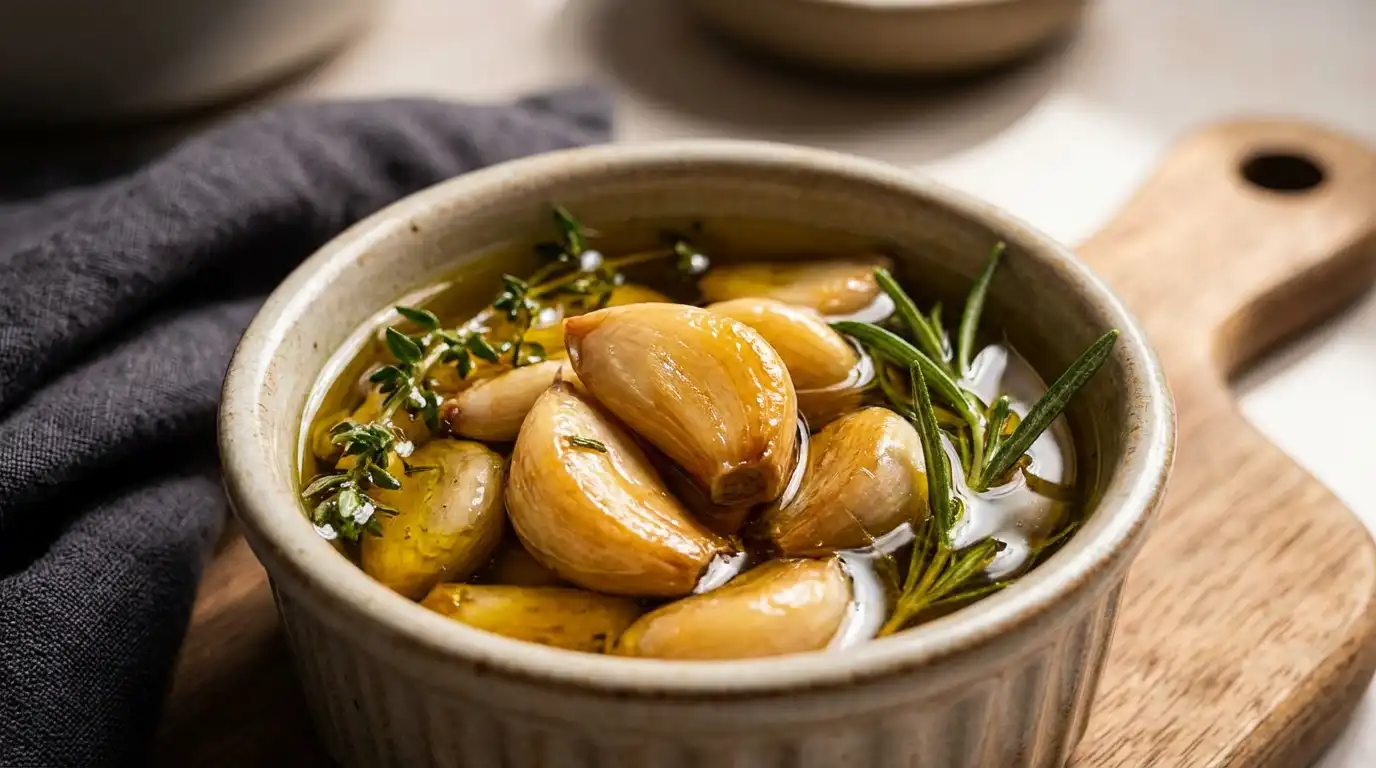 Close-up of golden brown garlic confit in a ceramic ramekin, glistening in olive oil with fresh herbs.