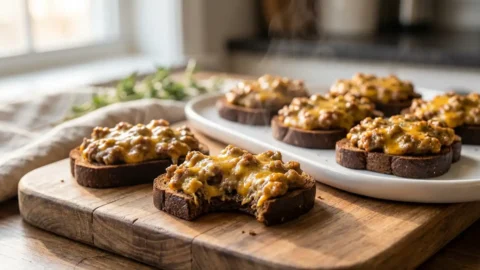 Warm hanky panky appetizers with melted cheese and savory meat on crispy cocktail rye bread, served on a rustic board.