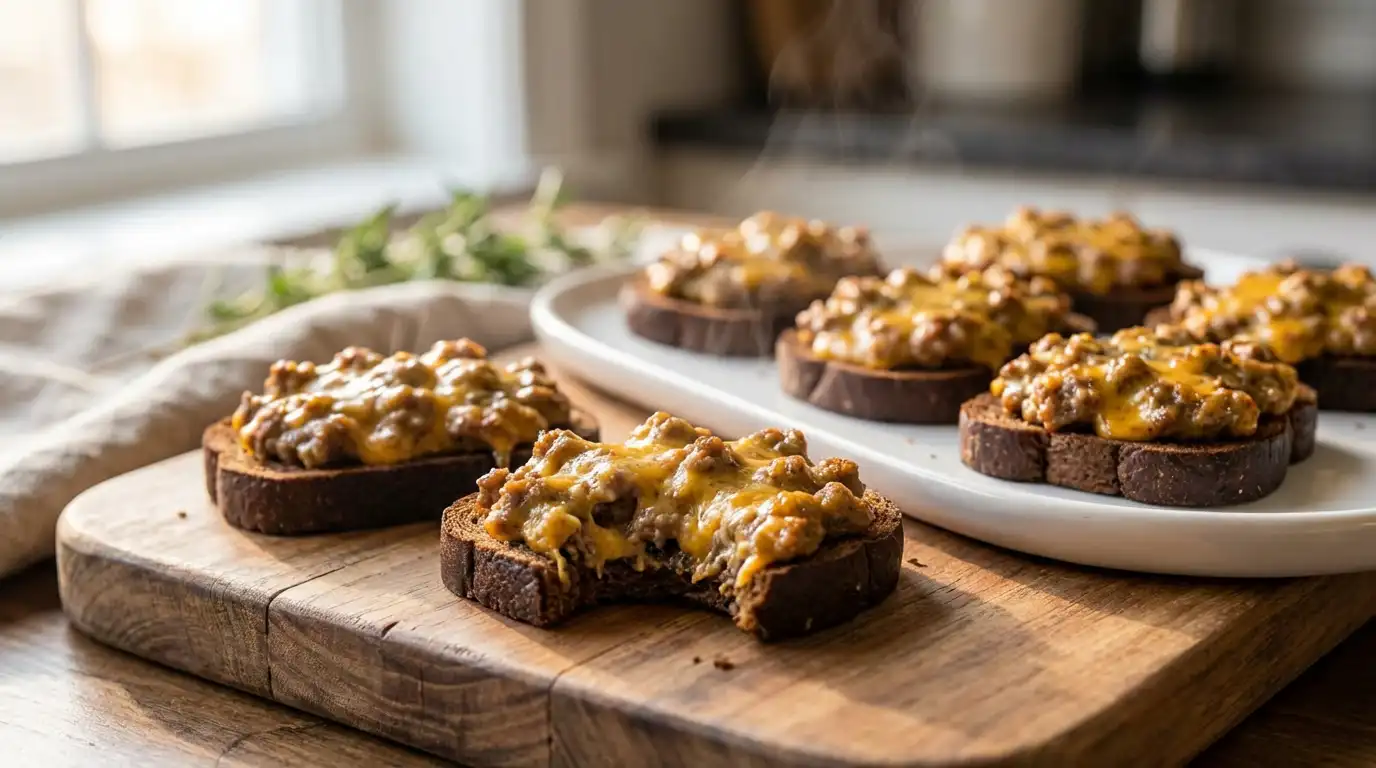Warm hanky panky appetizers with melted cheese and savory meat on crispy cocktail rye bread, served on a rustic board.