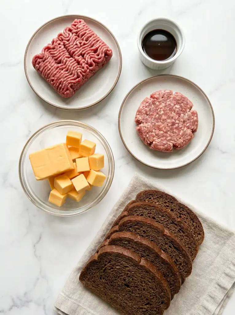 Overhead shot of hanky panky ingredients: ground beef, hot pork sausage, cubed Velveeta cheese, Worcestershire sauce, and cocktail rye bread.