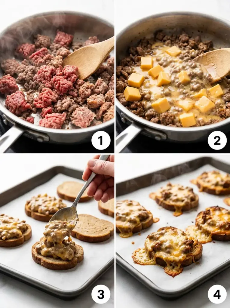 Four-panel collage showing the steps to make hanky panky: browning meat (1), melting cheese (2), spooning mixture on bread (3), and baked appetizers (4).