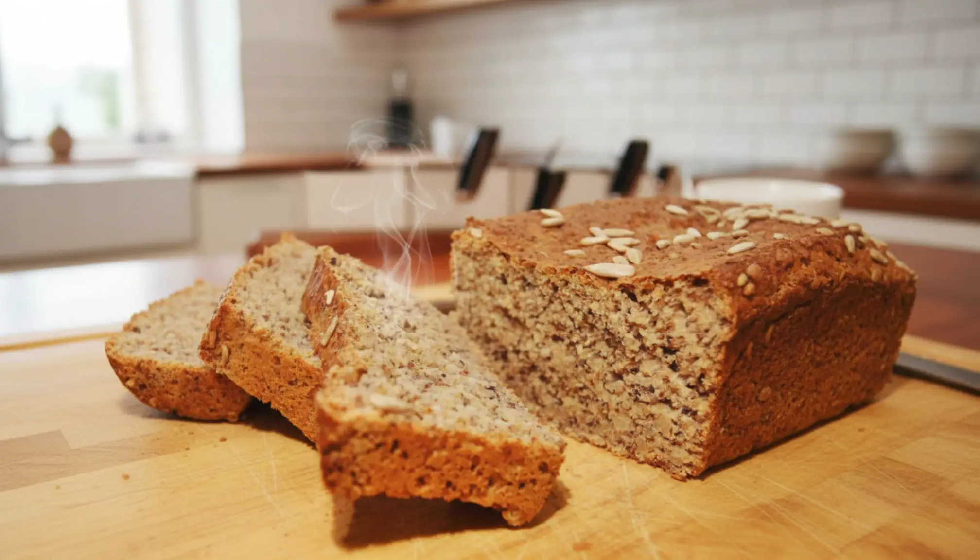 A golden-brown loaf of homemade Ezekiel bread on a wooden cutting board with several slices cut, revealing its dense, wholesome crumb.