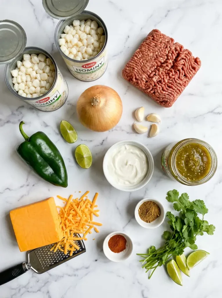 Overhead flat lay of all raw ingredients for a cheesy hominy bake, including hominy, chorizo, vegetables, cheese, and spices, neatly arranged on a white marble surface.