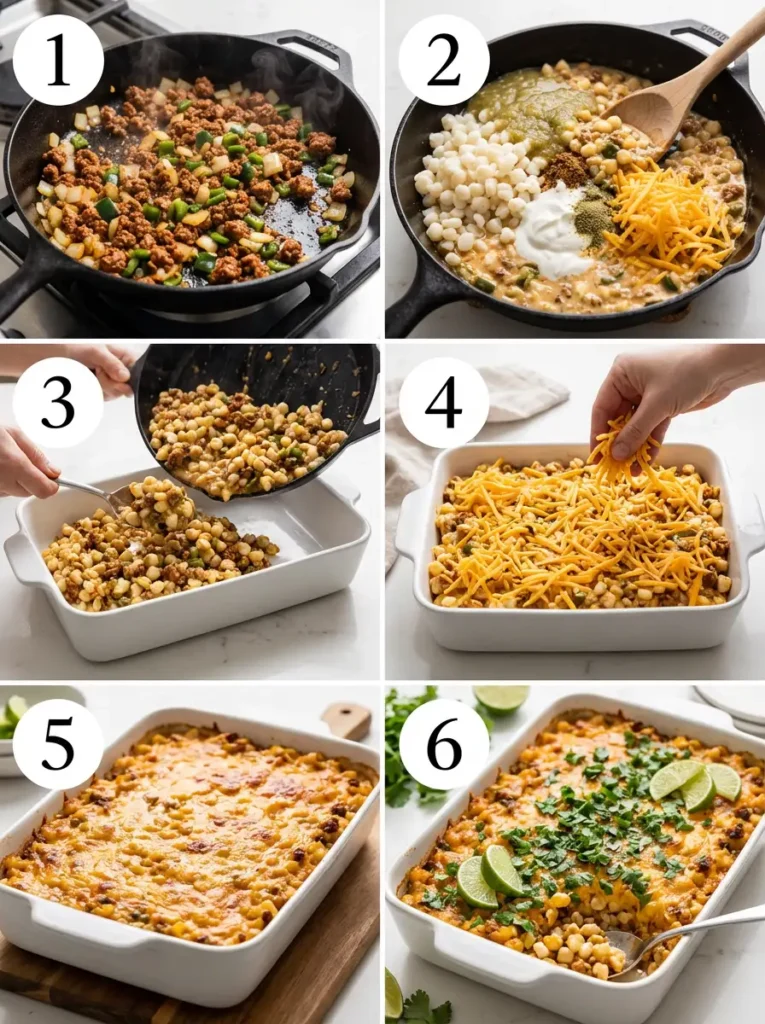 A 2x3 grid collage showing six steps of making hominy casserole: cooking chorizo, mixing ingredients, transferring to dish, topping with cheese, baking, and garnishing.