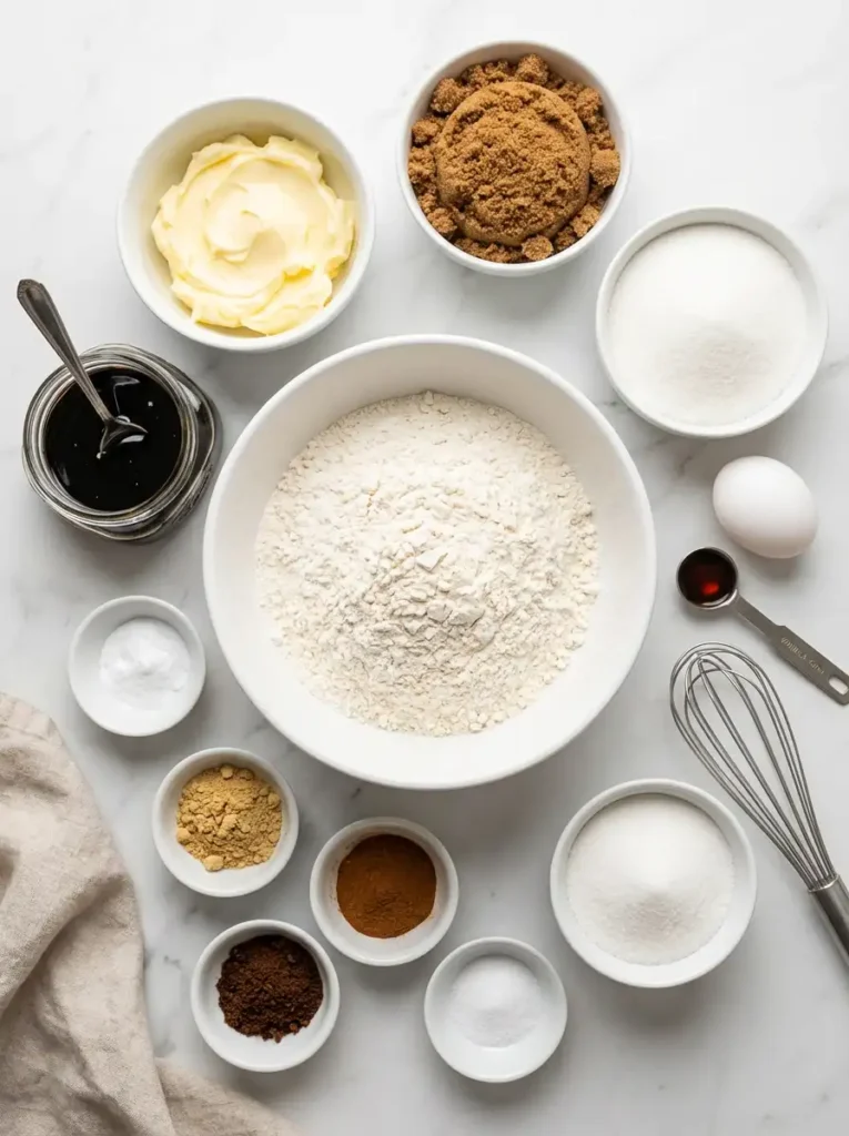 Overhead flat-lay shot of all ingredients for soft and chewy molasses cookies, neatly arranged on a marble surface.