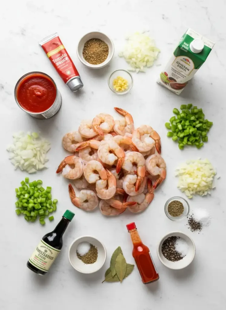 Flat-lay of fresh ingredients for Prawn Creole including raw shrimp, diced vegetables, tomato sauce, and various spices on a wooden board.Flat-lay of fresh ingredients for Prawn Creole including raw shrimp, diced vegetables, tomato sauce, and various spices on a wooden board.