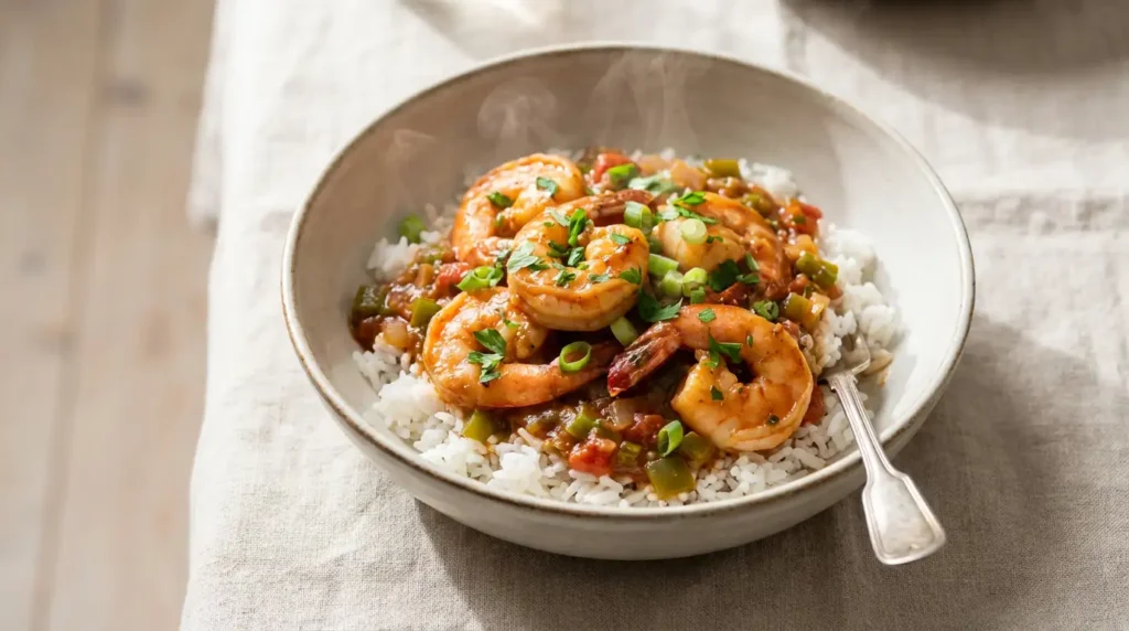 A vibrant bowl of Prawn Creole with large pink shrimp, rich red sauce, and white rice, garnished with green herbs.