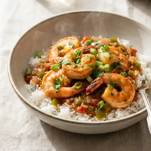 A vibrant bowl of Prawn Creole with large pink shrimp, rich red sauce, and white rice, garnished with green herbs.