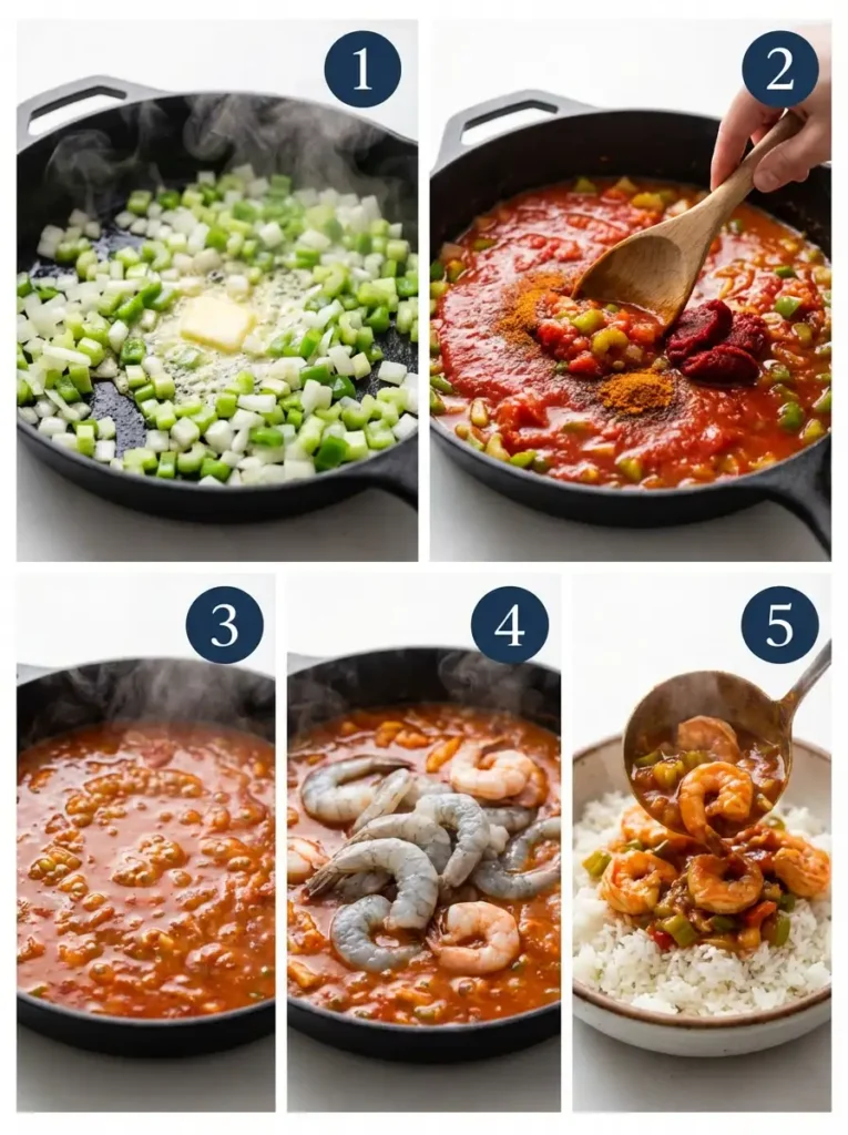 A 5-panel collage showing the cooking steps for Prawn Creole: sautéing vegetables, adding sauce, simmering, cooking prawns, and serving over rice, each numbered.