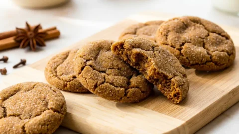 Close-up of three soft and chewy molasses cookies, one broken open, on a wooden board, showing crinkled tops and chewy interior.