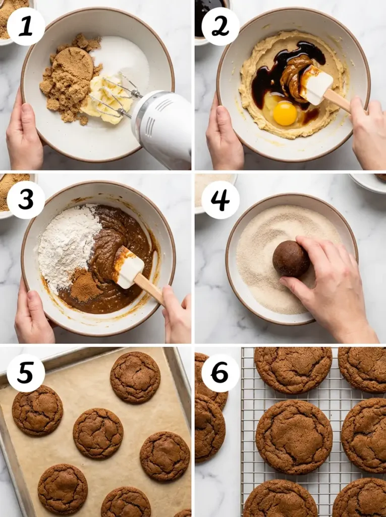 A six-panel collage showing the step-by-step process of making soft and chewy molasses cookies, from mixing ingredients to cooling on a rack.