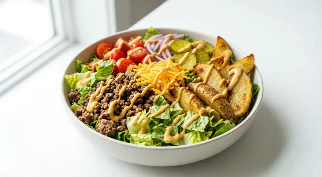 A brightly lit, close-up view of a delicious burger bowl with ground beef, crispy potatoes, fresh vegetables, and special sauce.