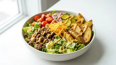 A brightly lit, close-up view of a delicious burger bowl with ground beef, crispy potatoes, fresh vegetables, and special sauce.