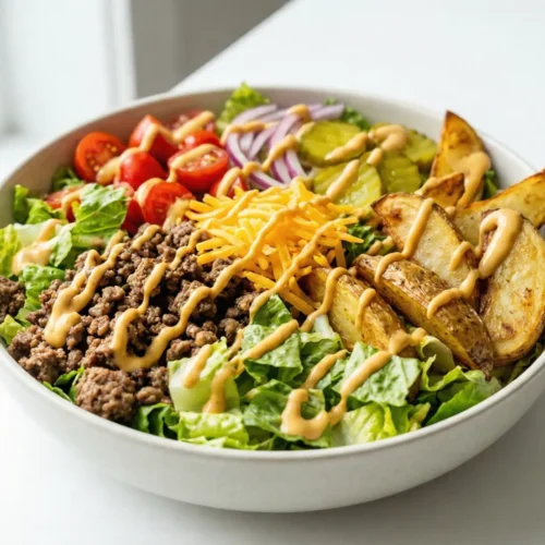 A brightly lit, close-up view of a delicious burger bowl with ground beef, crispy potatoes, fresh vegetables, and special sauce.