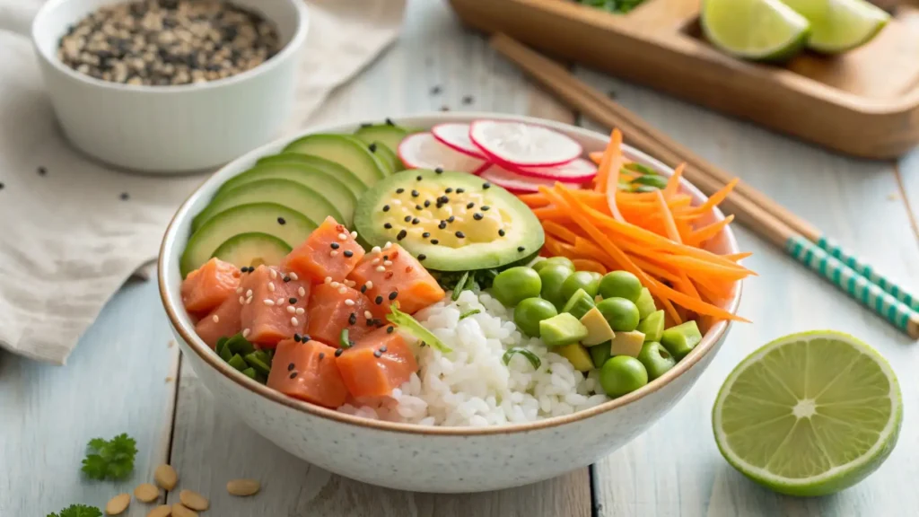 Overhead shot of a colorful and fresh salmon avocado poke bowl with sushi rice, marinated salmon, avocado, edamame, cucumber, mango, and sesame seeds.