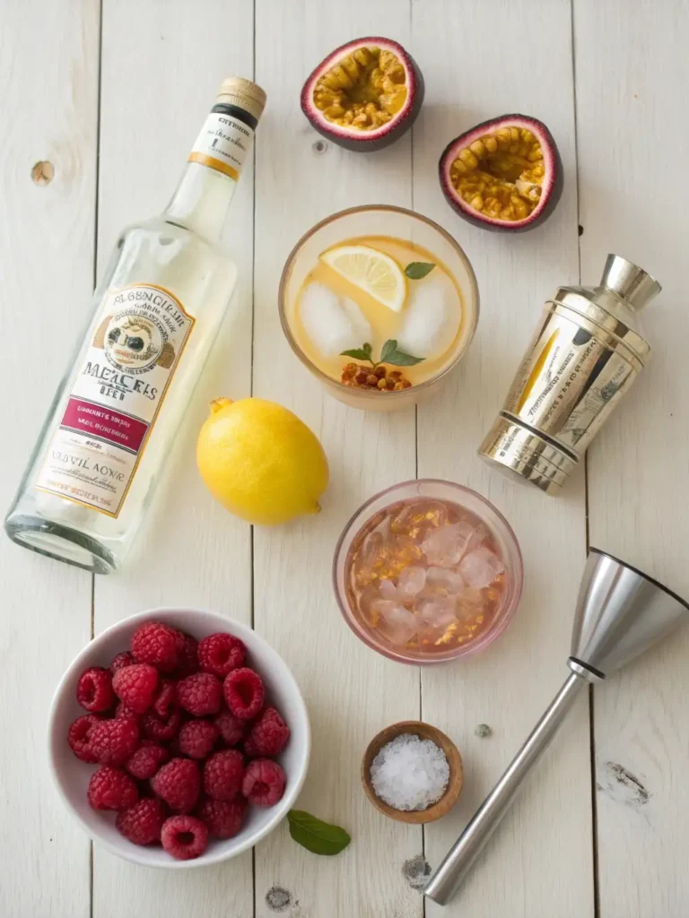 Overhead shot of all fresh ingredients for a Raspberry Passionfruit Tequila Sour, including tequila, fresh raspberries, lemons, passion fruit liqueur, and cocktail tools arranged on a light surface.
