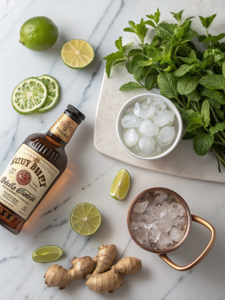 Flat-lay arrangement of Kentucky Mule ingredients: bourbon bottle, fresh limes, mint sprigs, ginger beer, copper mug, and ice cubes on a light background