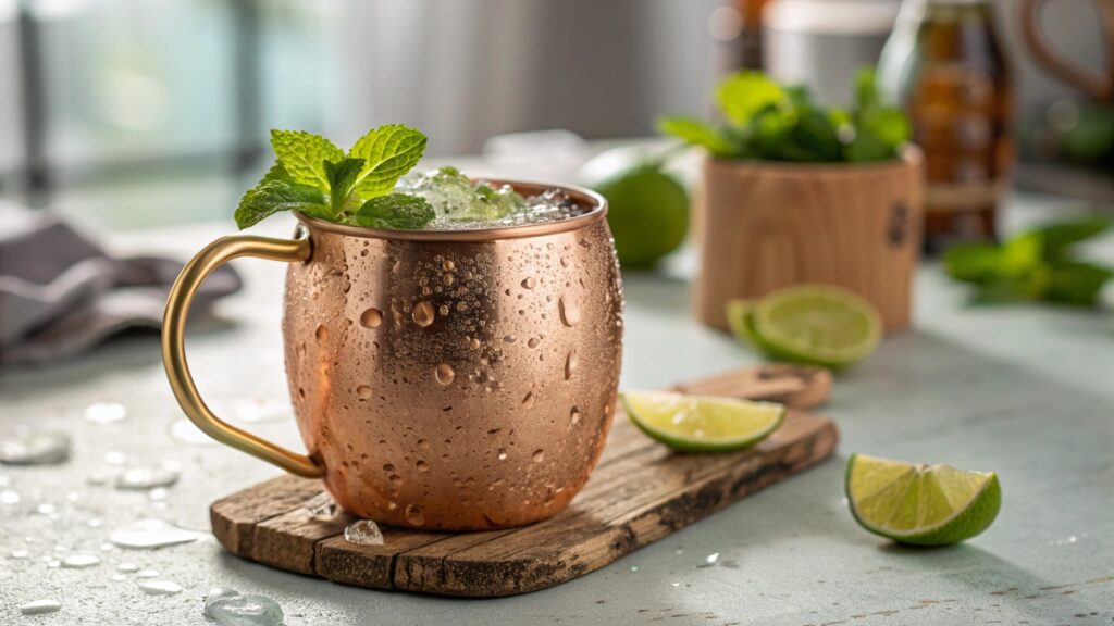 Close-up of a refreshing Kentucky Mule cocktail in a copper mug, garnished with fresh mint and a lime wheel, condensation visible