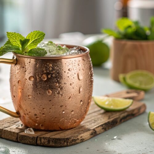 Close-up of a refreshing Kentucky Mule cocktail in a copper mug, garnished with fresh mint and a lime wheel, condensation visible