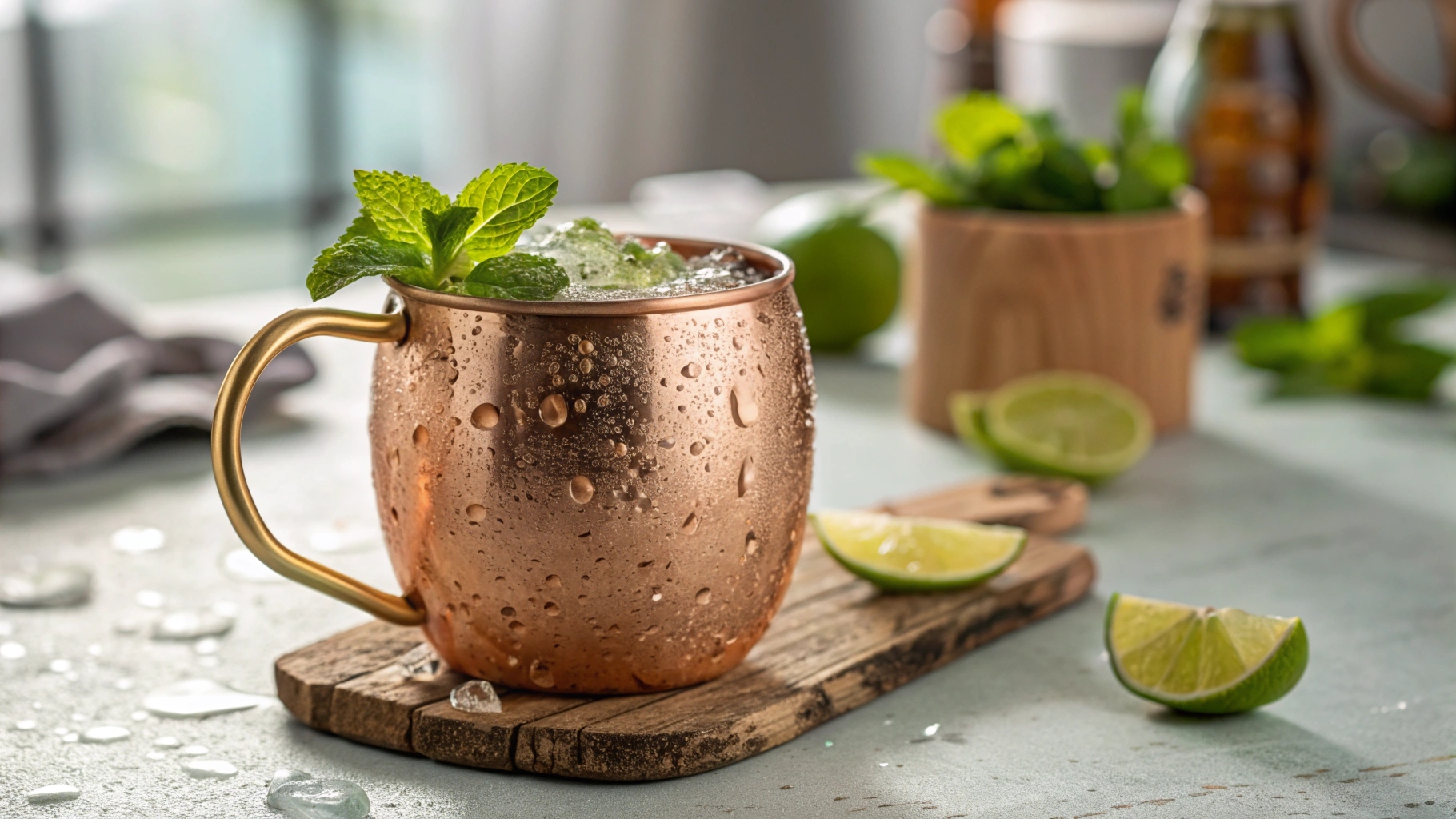 Close-up of a refreshing Kentucky Mule cocktail in a copper mug, garnished with fresh mint and a lime wheel, condensation visible