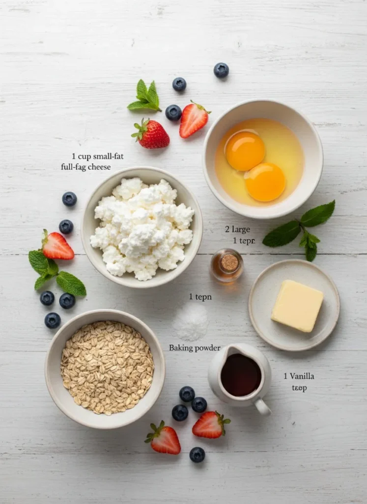 Flat lay showing all ingredients for cottage cheese pancakes: cottage cheese, eggs, rolled oats, baking powder, vanilla extract, maple syrup, and butter, arranged on a light wooden surface.