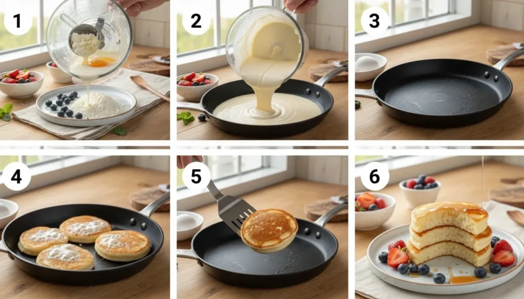 A six-panel visual collage demonstrating the complete process of making fluffy cottage cheese pancakes, from combining ingredients to the final cooked stack, with step numbers.
