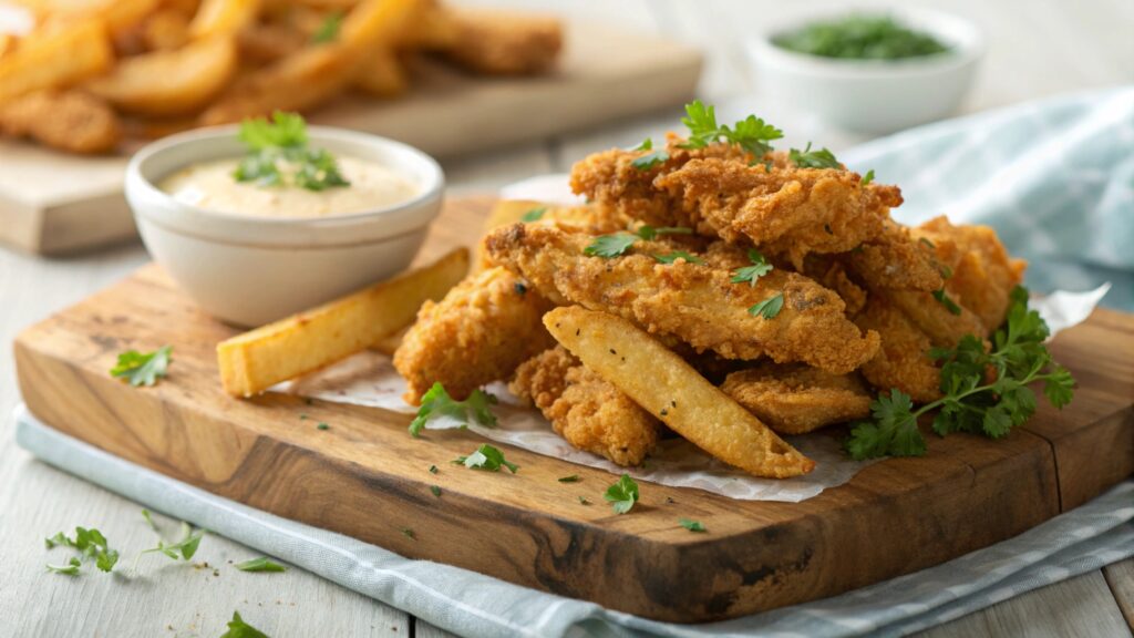 Close-up of golden brown, crispy fried chicken fries piled on a wooden board with a blurred dipping sauce in the background.