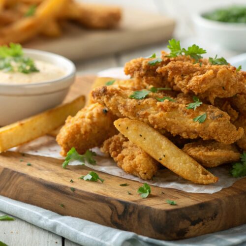 Close-up of golden brown, crispy fried chicken fries piled on a wooden board with a blurred dipping sauce in the background.