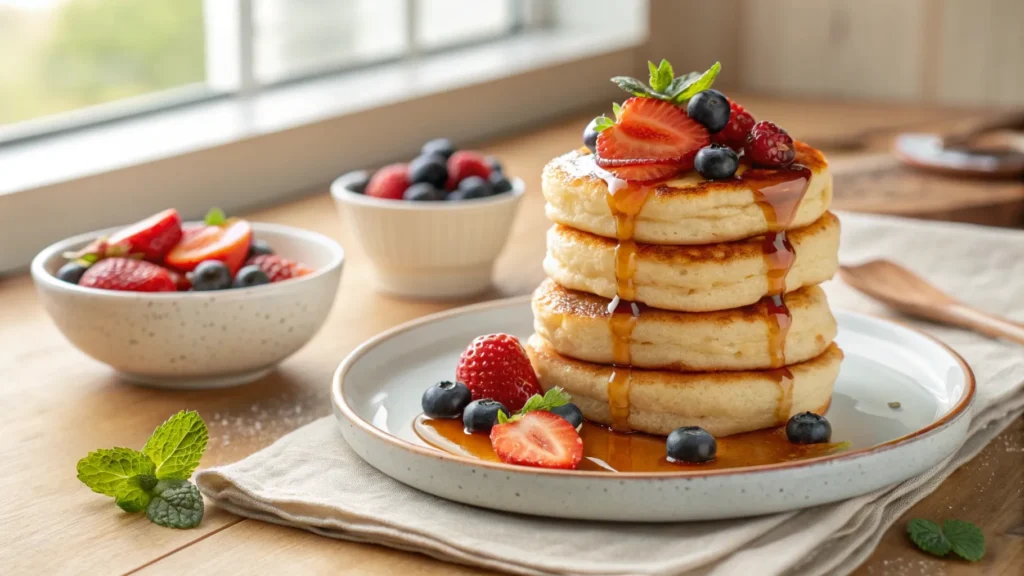 A close-up of a high stack of golden brown cottage cheese pancakes, topped with fresh strawberries, blueberries, and maple syrup on a white plate.