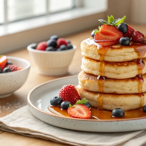 A close-up of a high stack of golden brown cottage cheese pancakes, topped with fresh strawberries, blueberries, and maple syrup on a white plate.