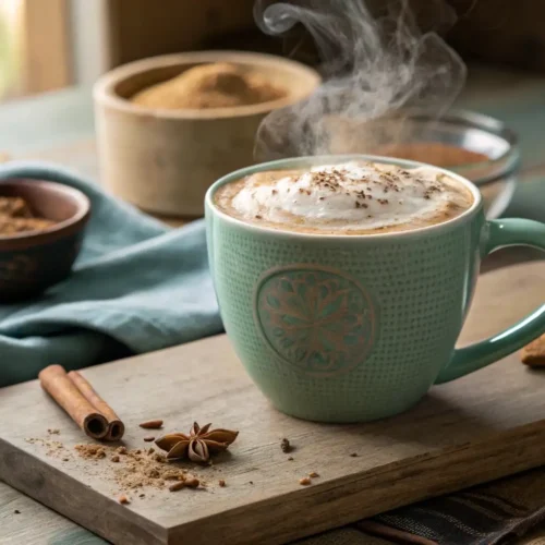 A steaming chai tea latte in a ceramic mug on a wooden table, with a bowl of chai mix in the background.
