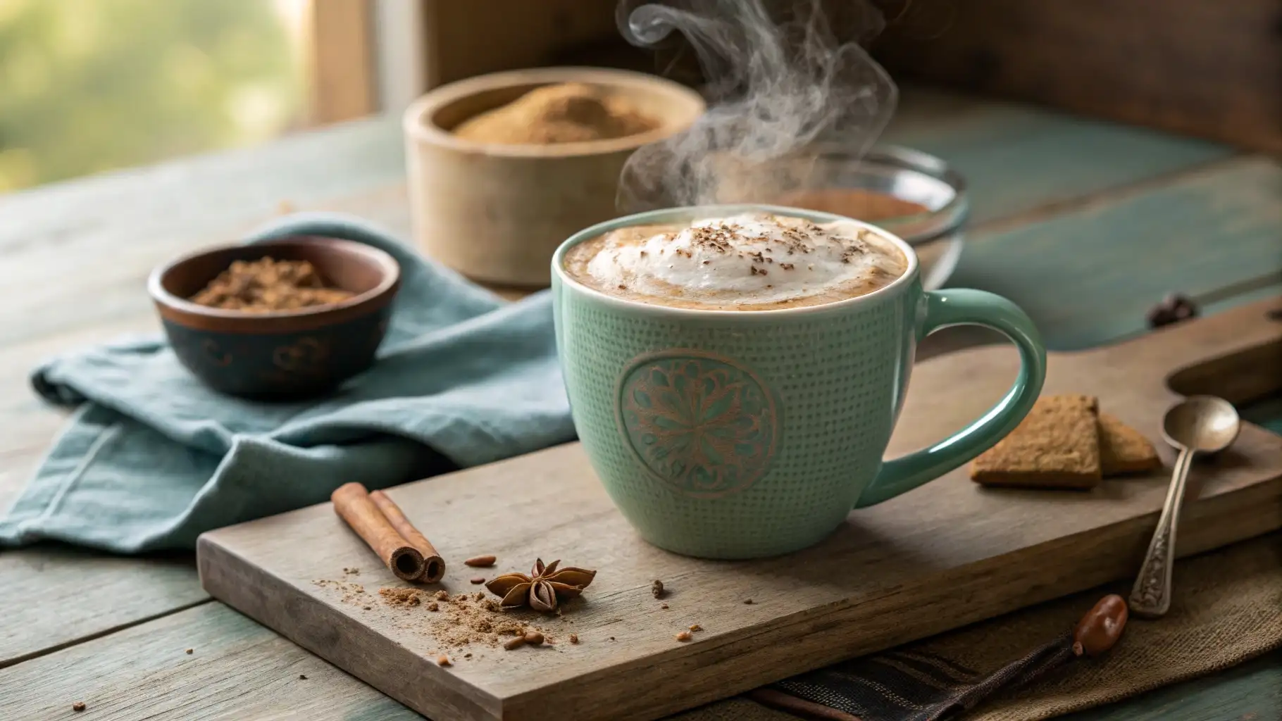A steaming chai tea latte in a ceramic mug on a wooden table, with a bowl of chai mix in the background.