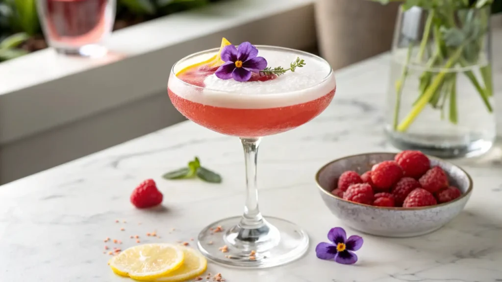 A beautifully garnished Raspberry Passionfruit Tequila Sour in a coupe glass on a light background, featuring a lemon twist, fresh raspberry, and edible flower.