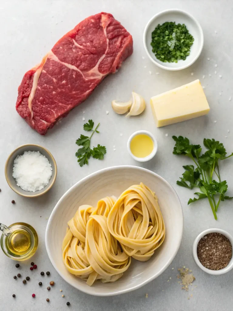 Overhead flat-lay of raw ingredients for creamy steak and pasta recipe, including ribeye, fettuccine, Parmesan, heavy cream, shallots, garlic, and fresh parsley.