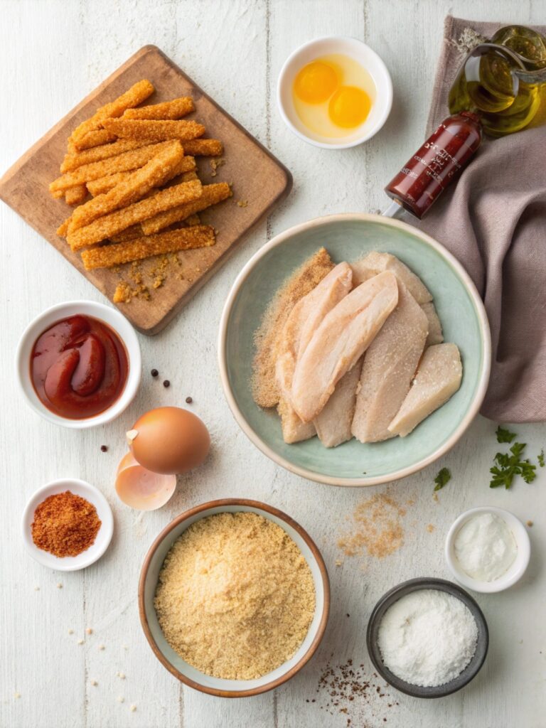 Flat-lay arrangement of all ingredients for fried chicken fries, including chicken strips, buttermilk, flour, eggs, panko, and spices.