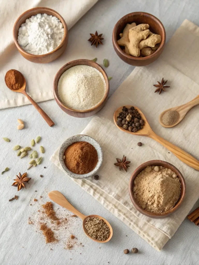 Overhead flat-lay view of individual dry ingredients for chai tea latte mix, including milk powder, sugar, instant tea, and various ground spices, neatly arranged in bowls.