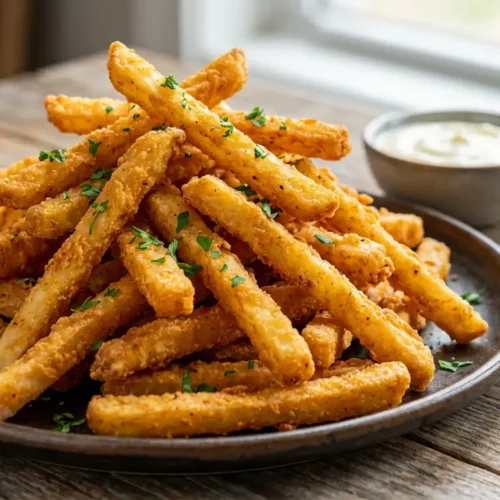 A serving of golden brown, crispy fried chicken fries on a dark plate with dipping sauces.