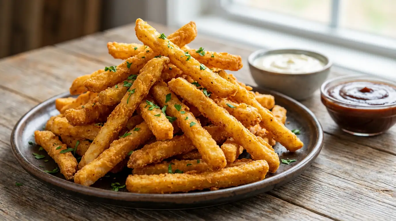 A serving of golden brown, crispy fried chicken fries on a dark plate with dipping sauces.