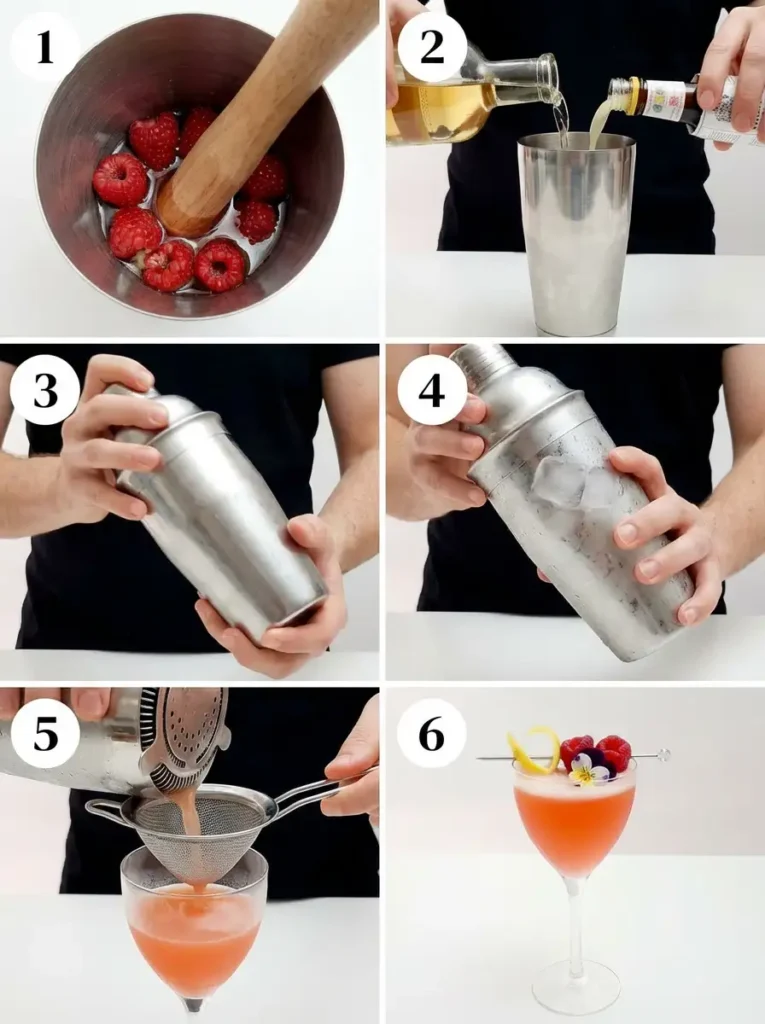 A 6-panel collage showing the step-by-step process of making a Raspberry Passionfruit Tequila Sour, including muddling, shaking, straining, and garnishing, with numbered instructions.