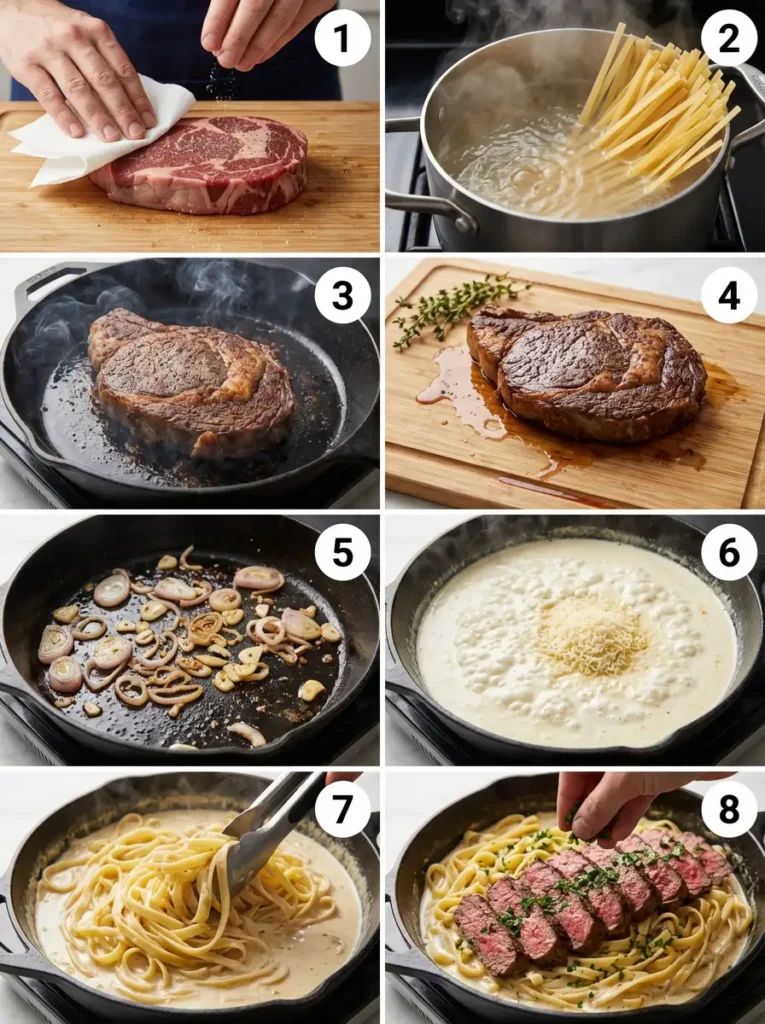 A visual collage of 8 step-by-step images for creamy steak and pasta recipe, showing patting steak, boiling pasta, searing, resting, making sauce, tossing pasta, and garnishing.